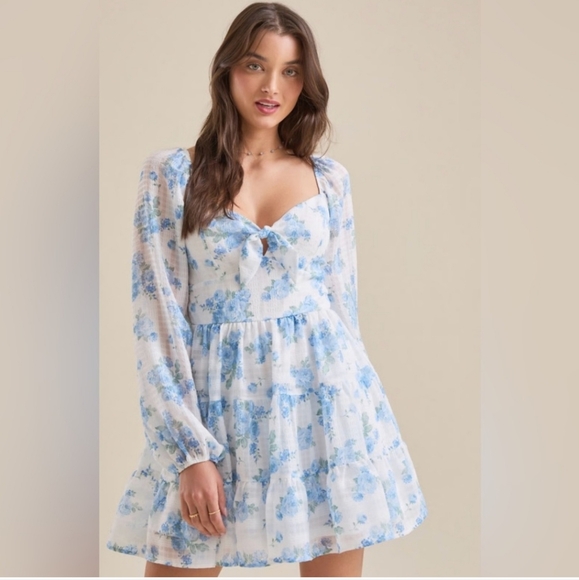 Altar'd State Blue and White Floral Long Sleeve Dress - Picture 1 of 5